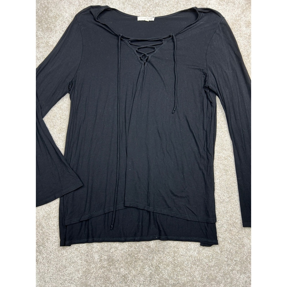 Ladies Code Womens XL Black Lace Up Bell Sleeve Tunic High Low Goth Boho